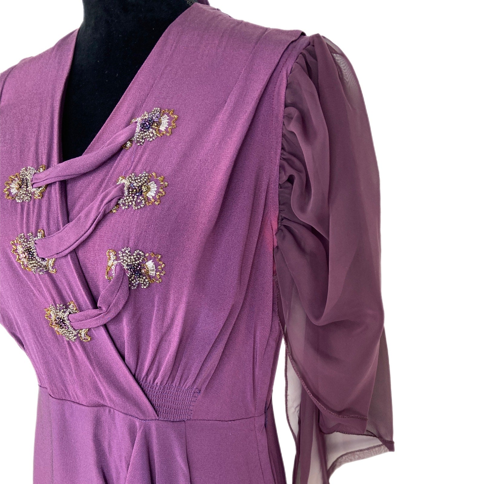 Vintage Purple Crepe Sheer Sleeves Faux Wrap Dress - Women's Size M