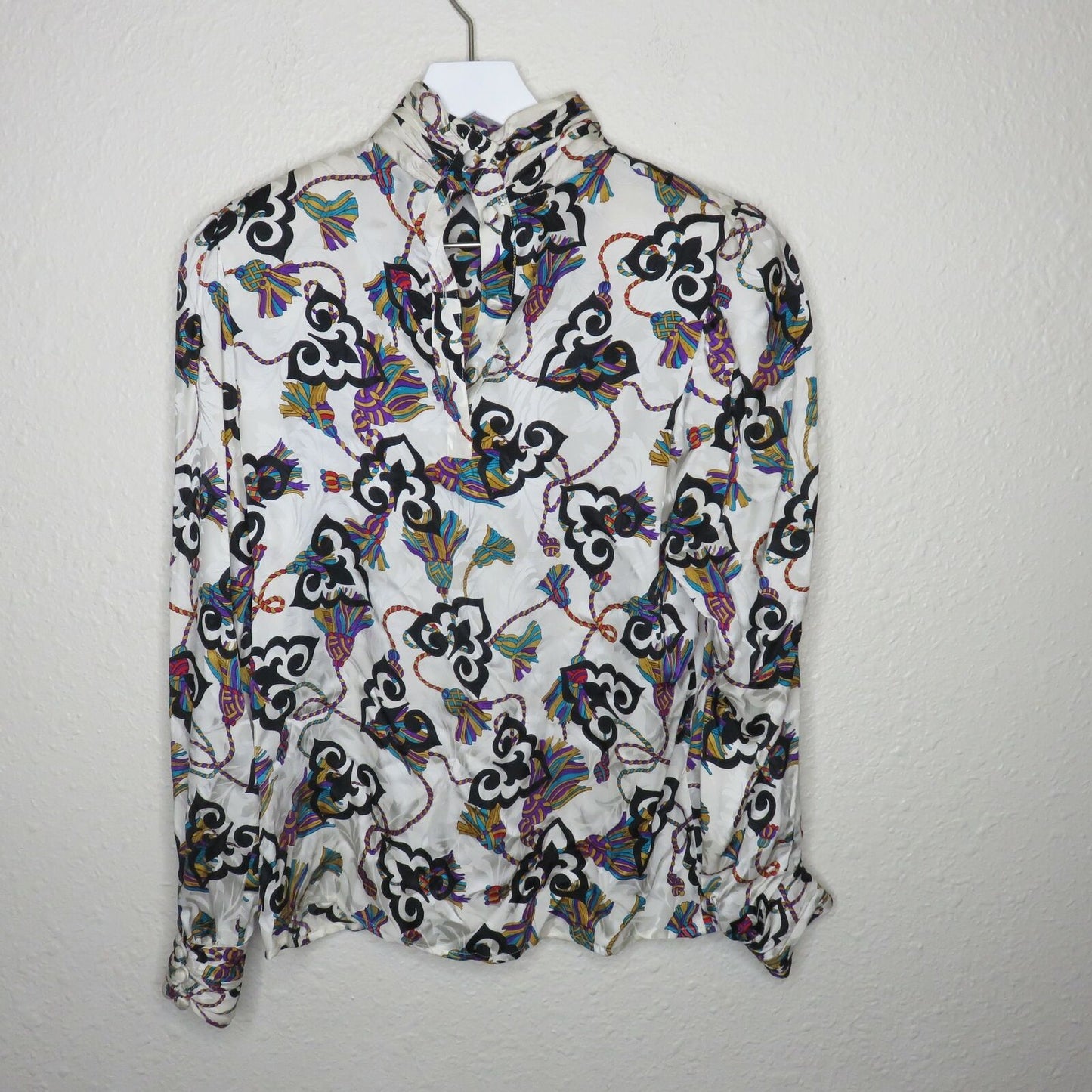 Vintage Adrianna Papell Silk High Neck Blouse Tassel Pattern - Women's Size 4