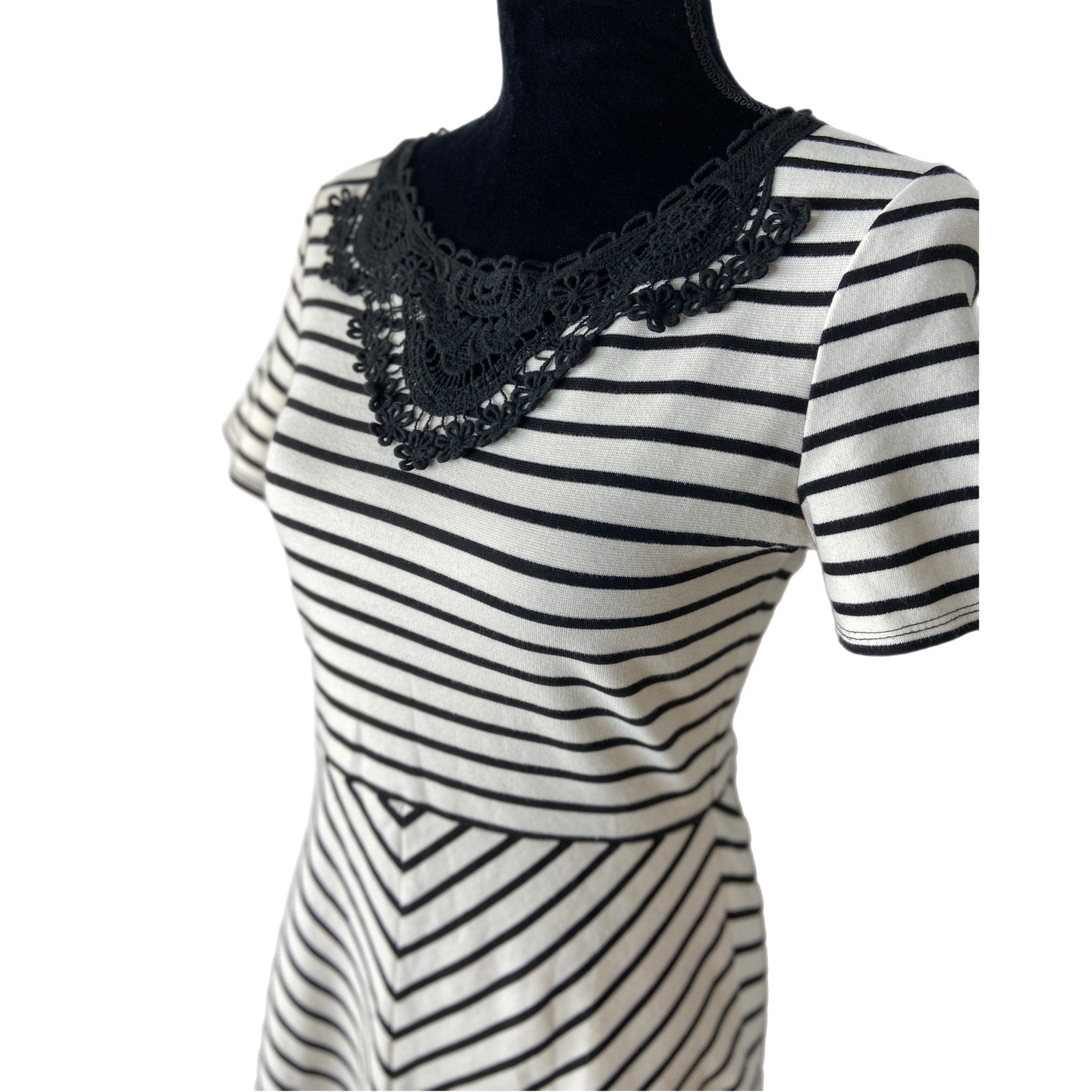NAF NAF White Black Stripe Crochet Detail Fit and Flare Dress - Women's Size S