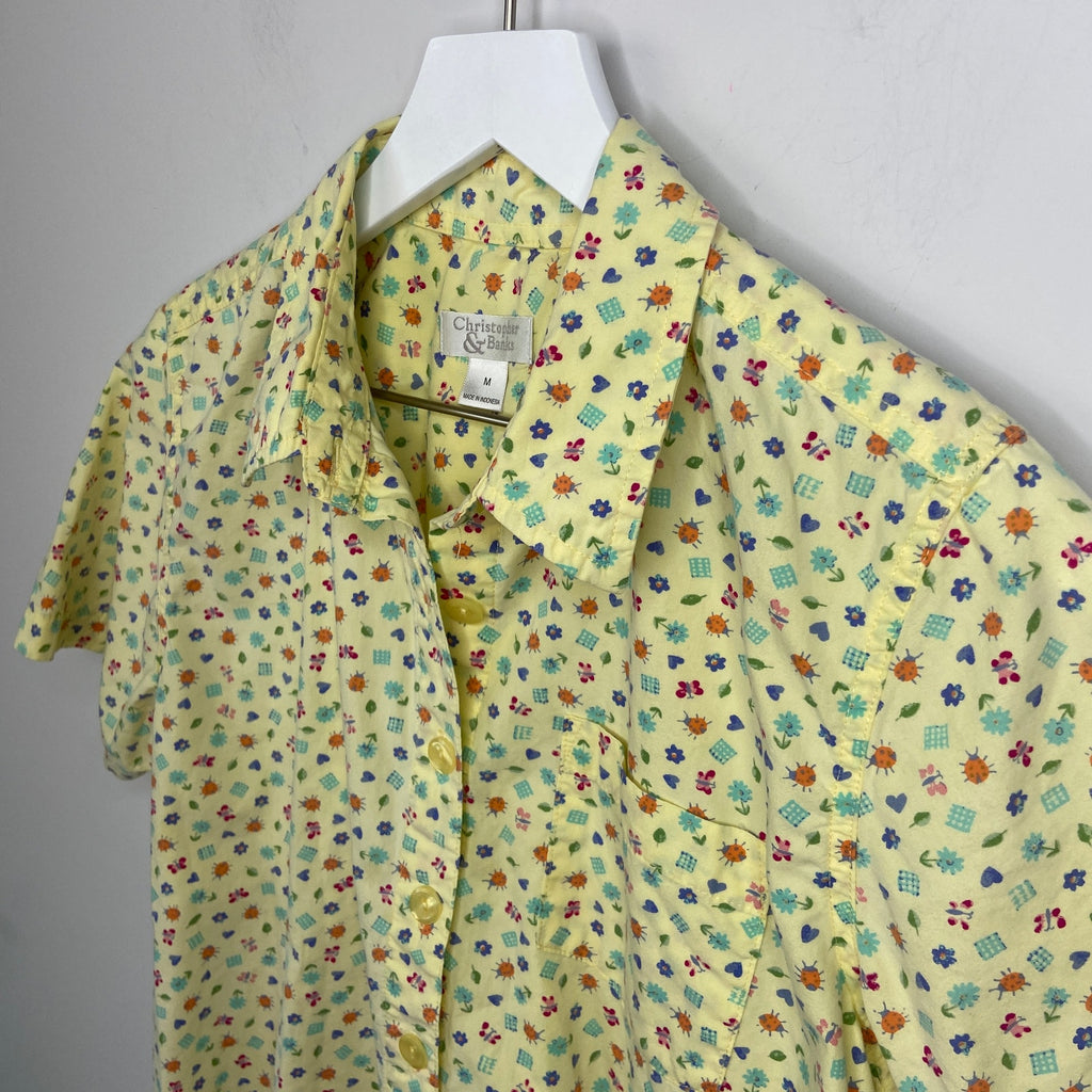 Yellow Ladybugs Floral Hearts Granny Button Up Shirt - Women's Size M