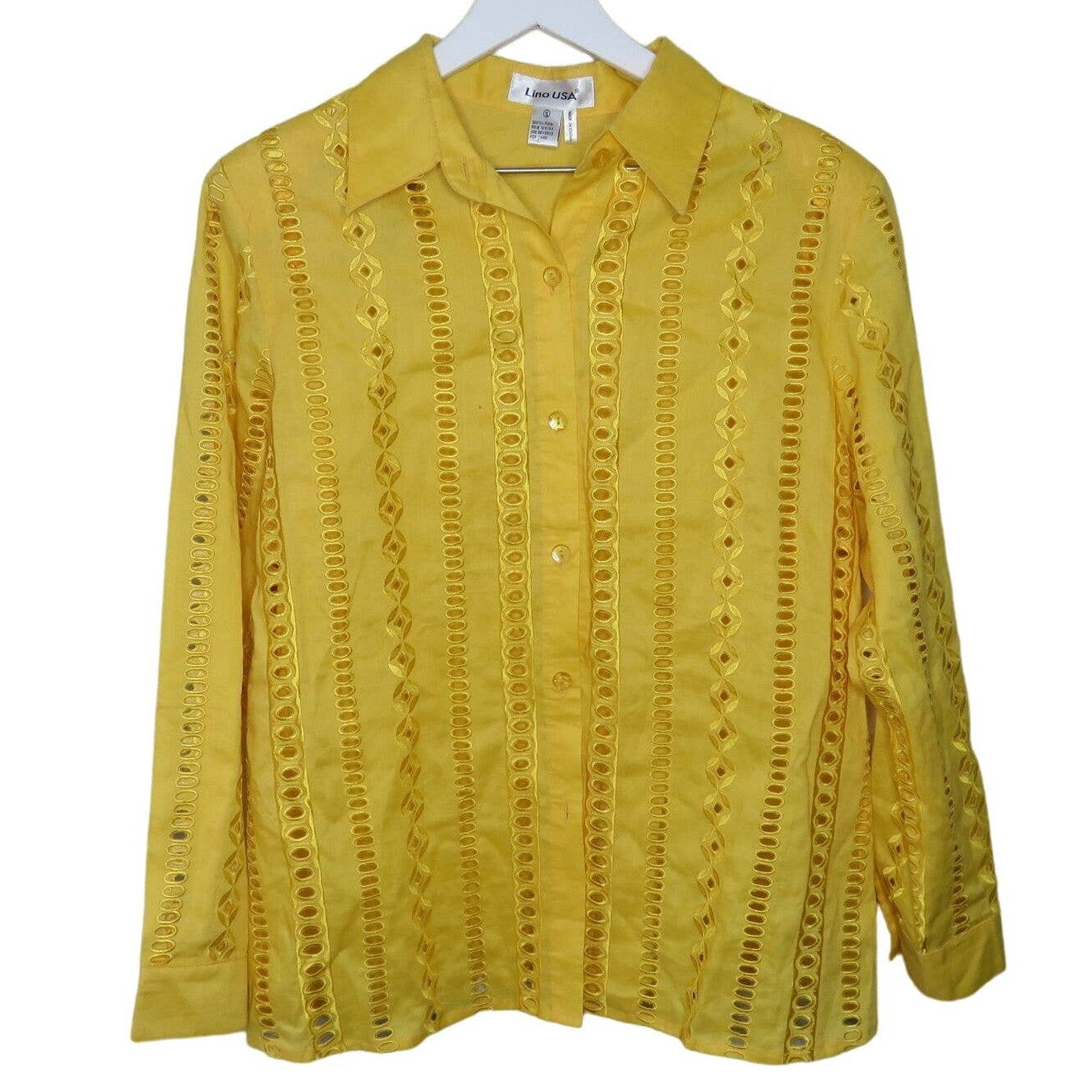Yellow Linen Eyelet Button Up Granny Shirt - Women's Small