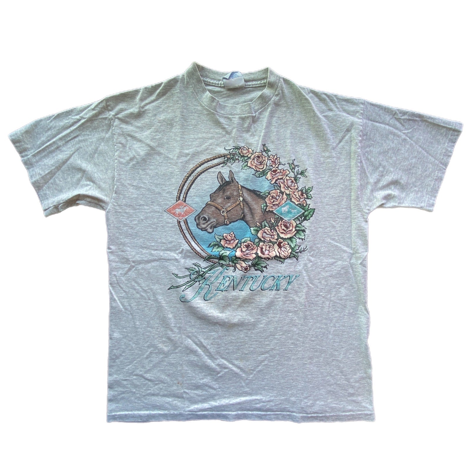 Vintage Single Stitch Kentucky Horse Roses Short Sleeve T Shirt - Women's Size L