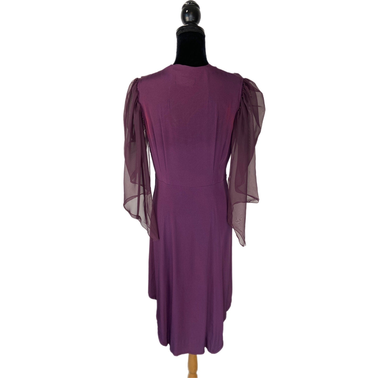 Vintage Purple Crepe Sheer Sleeves Faux Wrap Dress - Women's Size M