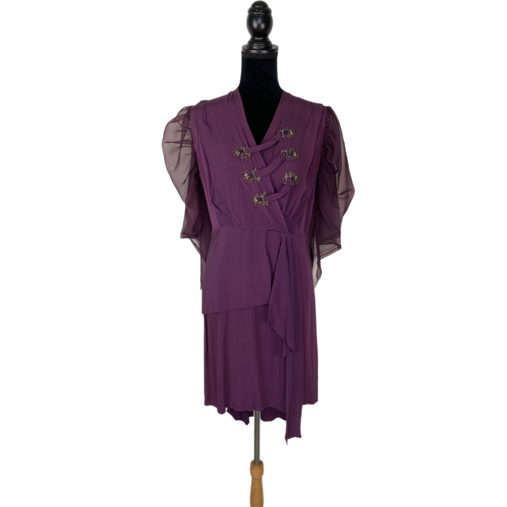 Vintage Purple Crepe Sheer Sleeves Faux Wrap Dress - Women's Size M