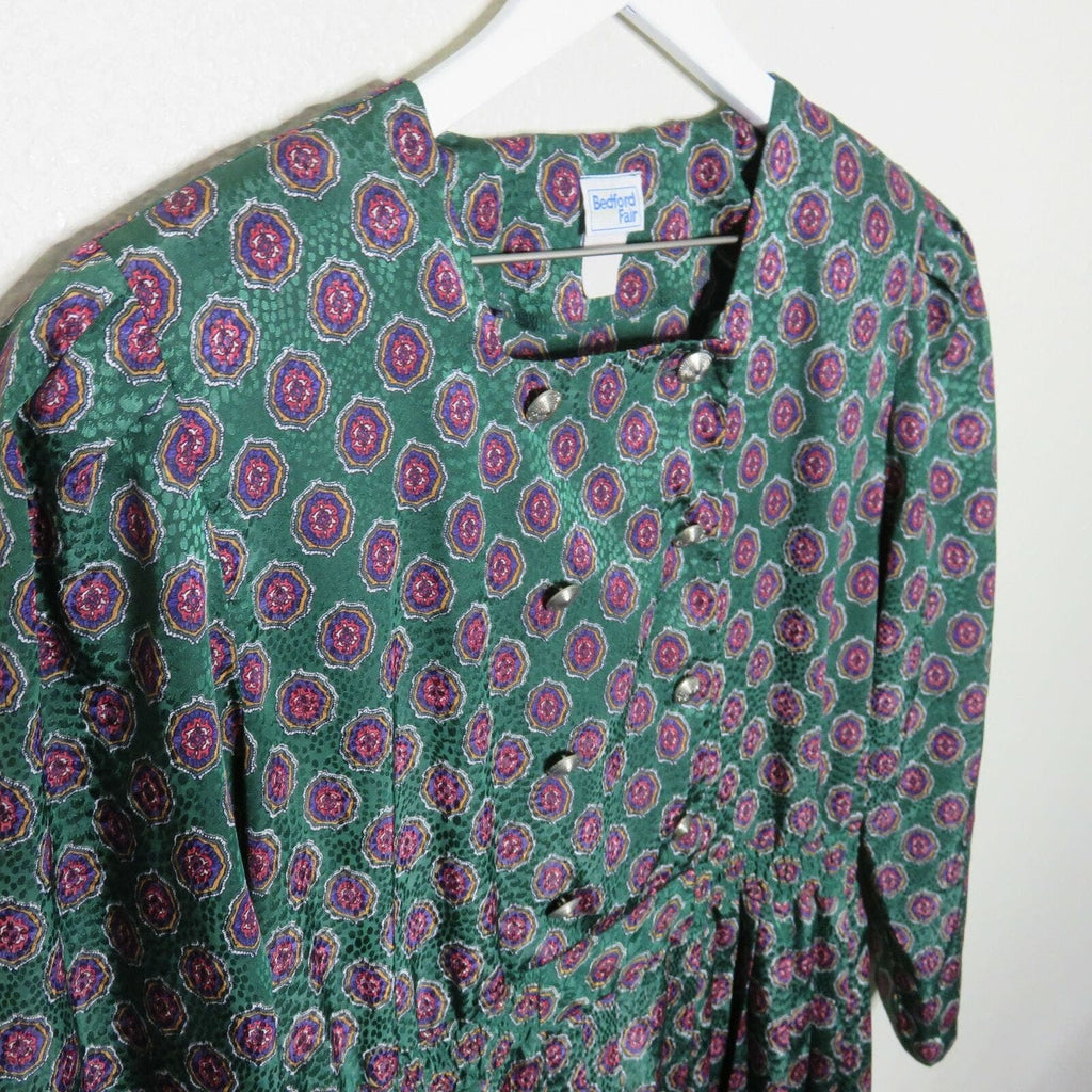 Vintage Green Medallion Pattern Pleat Skirt Granny Dress - Women's L