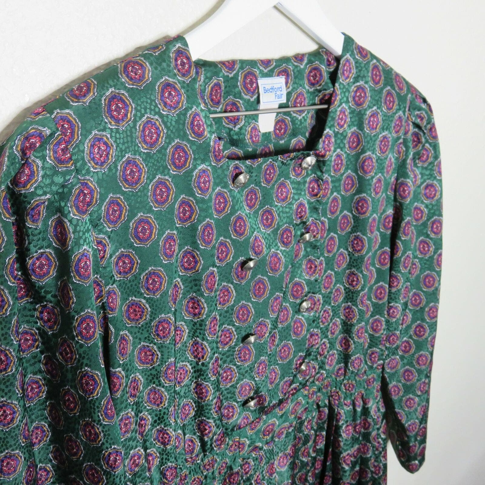 Vintage Green Medallion Pattern Pleat Skirt Granny Dress - Women's L