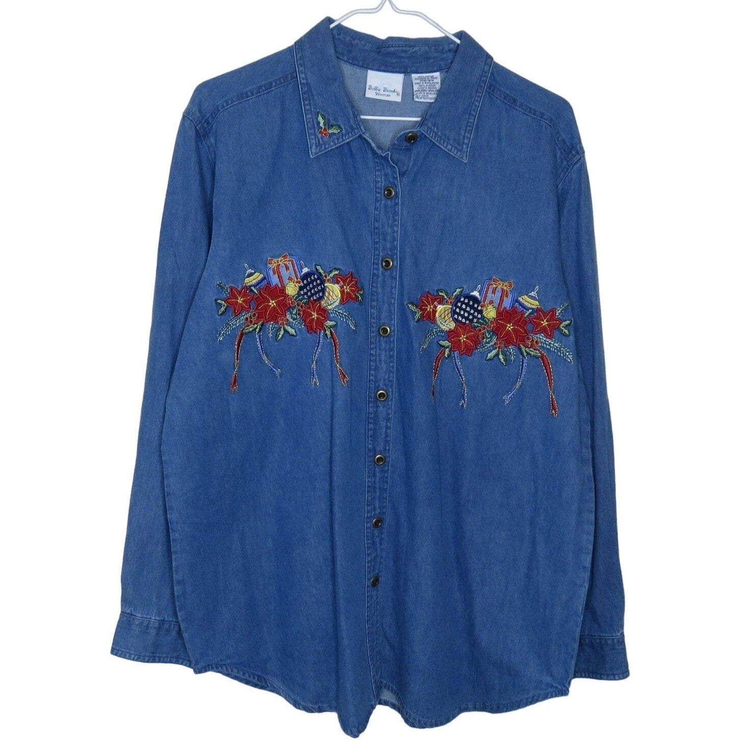 Holiday Christmas Poinsettia Garland Ornaments Denim Shirt - Women's 14W/16W