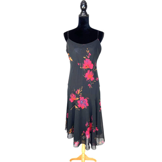 Y2K Flowy Black Floral Slip Dress - Women's Size 12