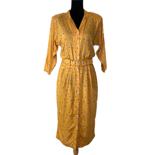 Vintage Yellow Patterned Pencil Shirt Dress Made in USA - Women's Size 12