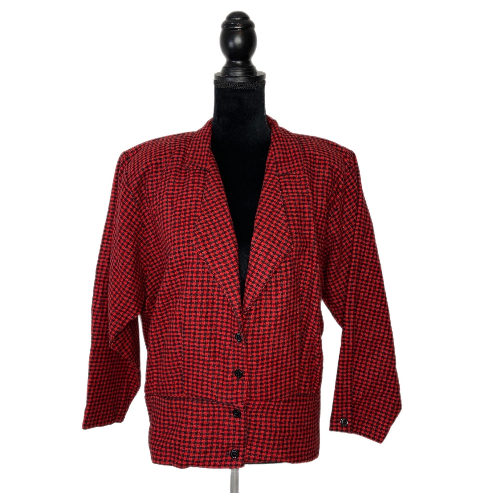 Vintage Red Black Checkered Pleated Button Waist Blazer - Women's Size Small