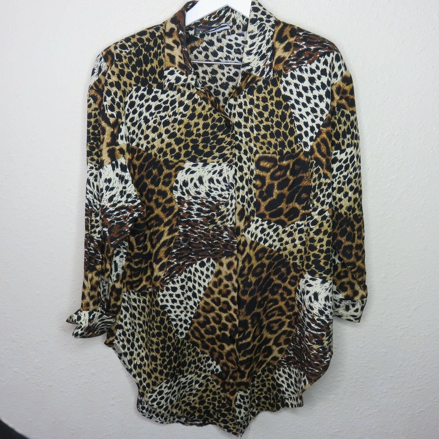 Vintage Leopard Cheetah Print Button Up Tunic Shirt Made in USA - Women's 16