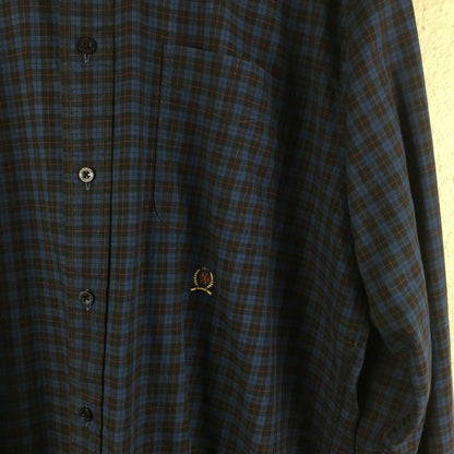 Tommy Hilfiger Blue Plaid Button Front Long Sleeve Shirt - Men's L