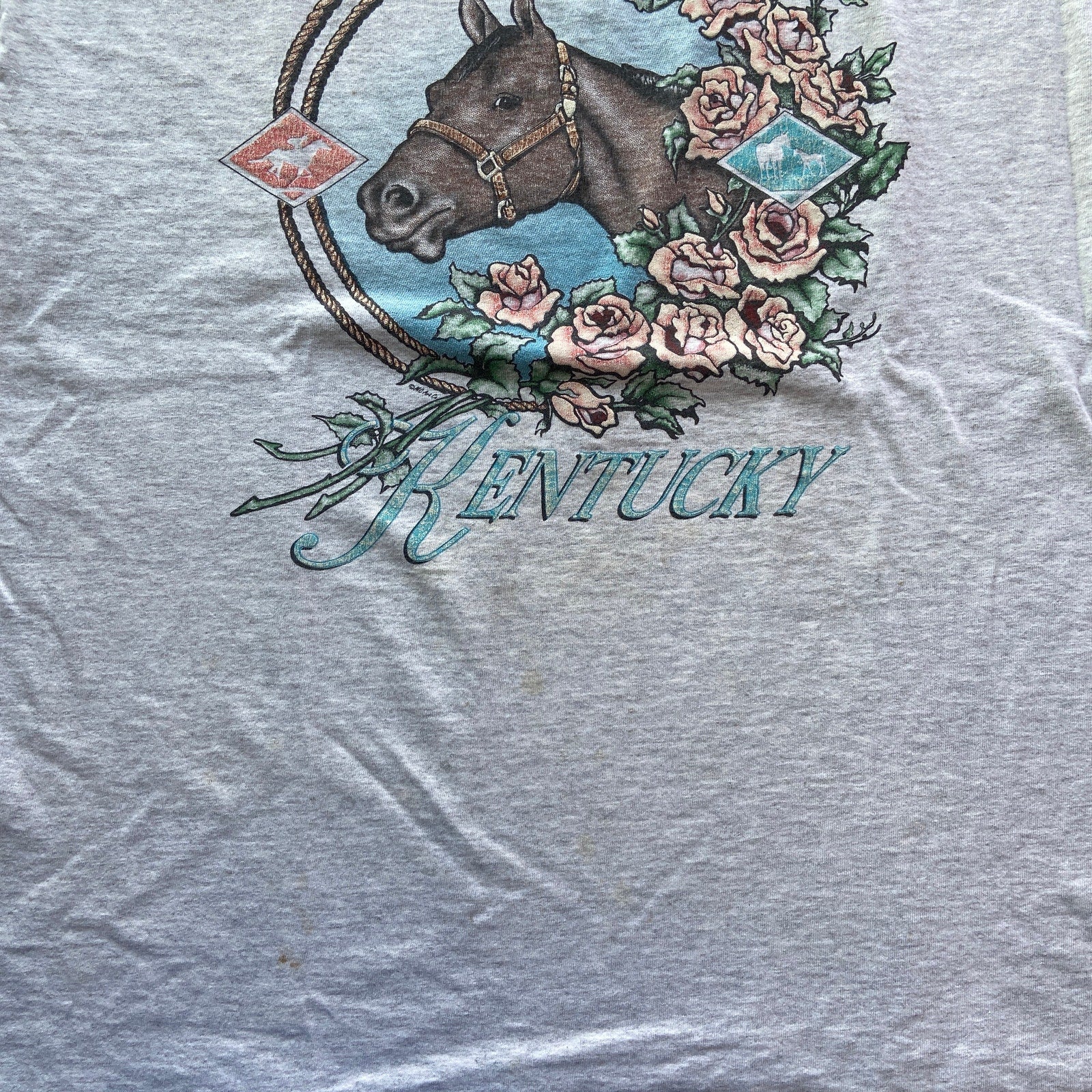 Vintage Single Stitch Kentucky Horse Roses Short Sleeve T Shirt - Women's Size L