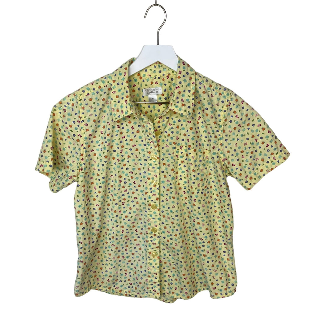 Yellow Ladybugs Floral Hearts Granny Button Up Shirt - Women's Size M