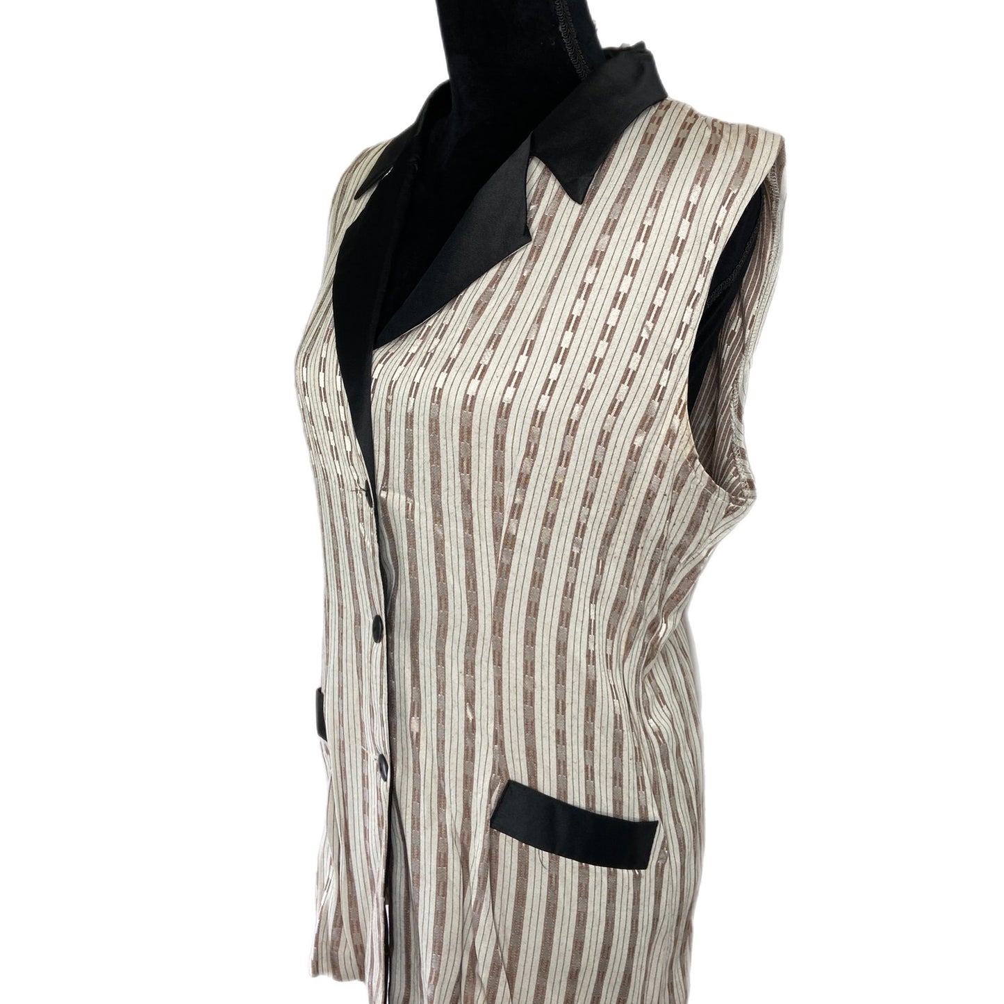 American Vintage Sleeveless Vertical Stripe Black Satin Collar Shirt - Women's L