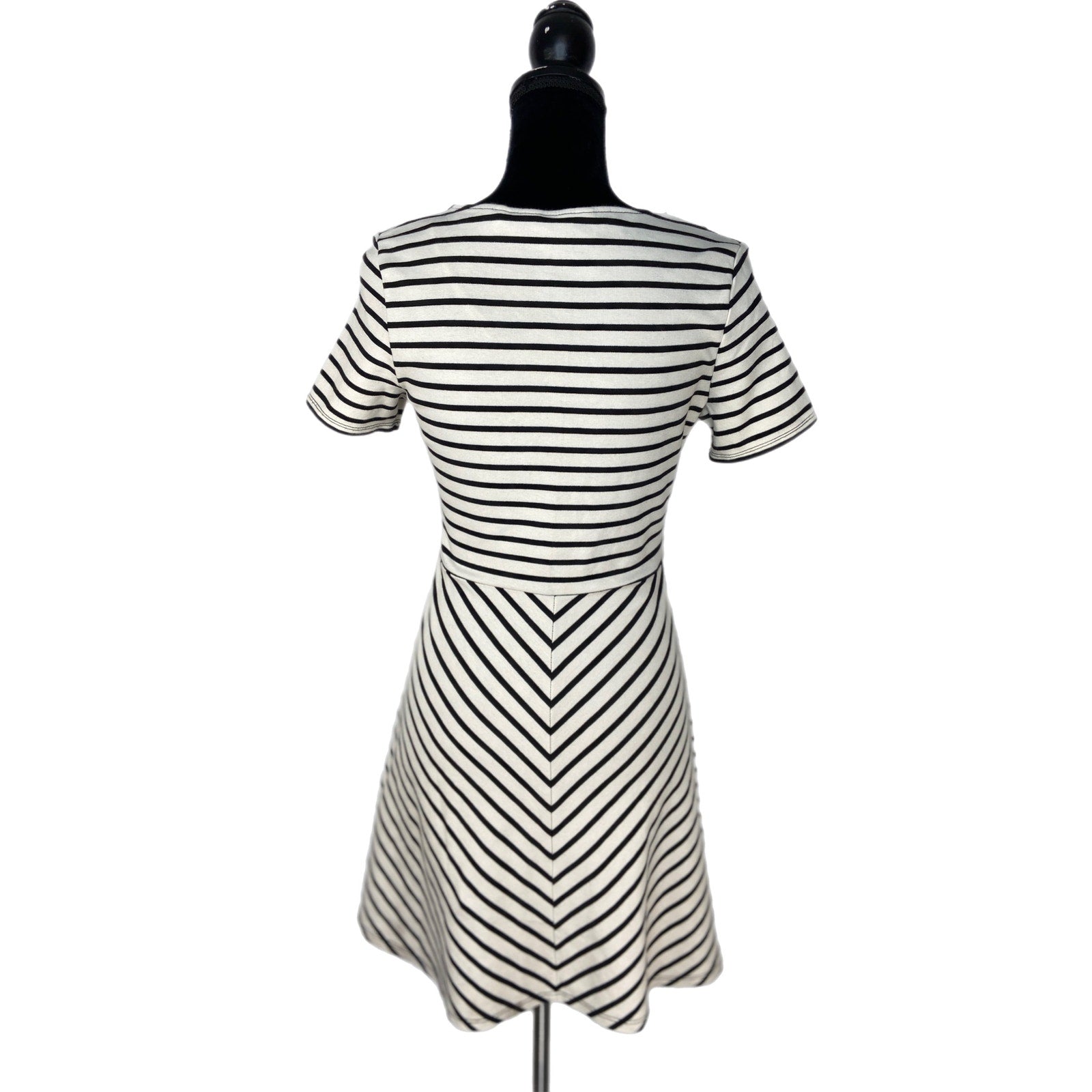 NAF NAF White Black Stripe Crochet Detail Fit and Flare Dress - Women's Size S