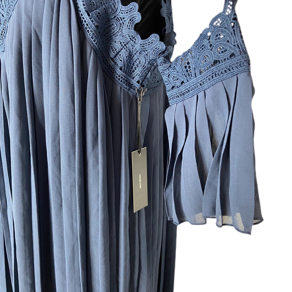 Lulus Navy Blue Pleated Lace Detail Short Baby Doll Dress - Women's Size Medium