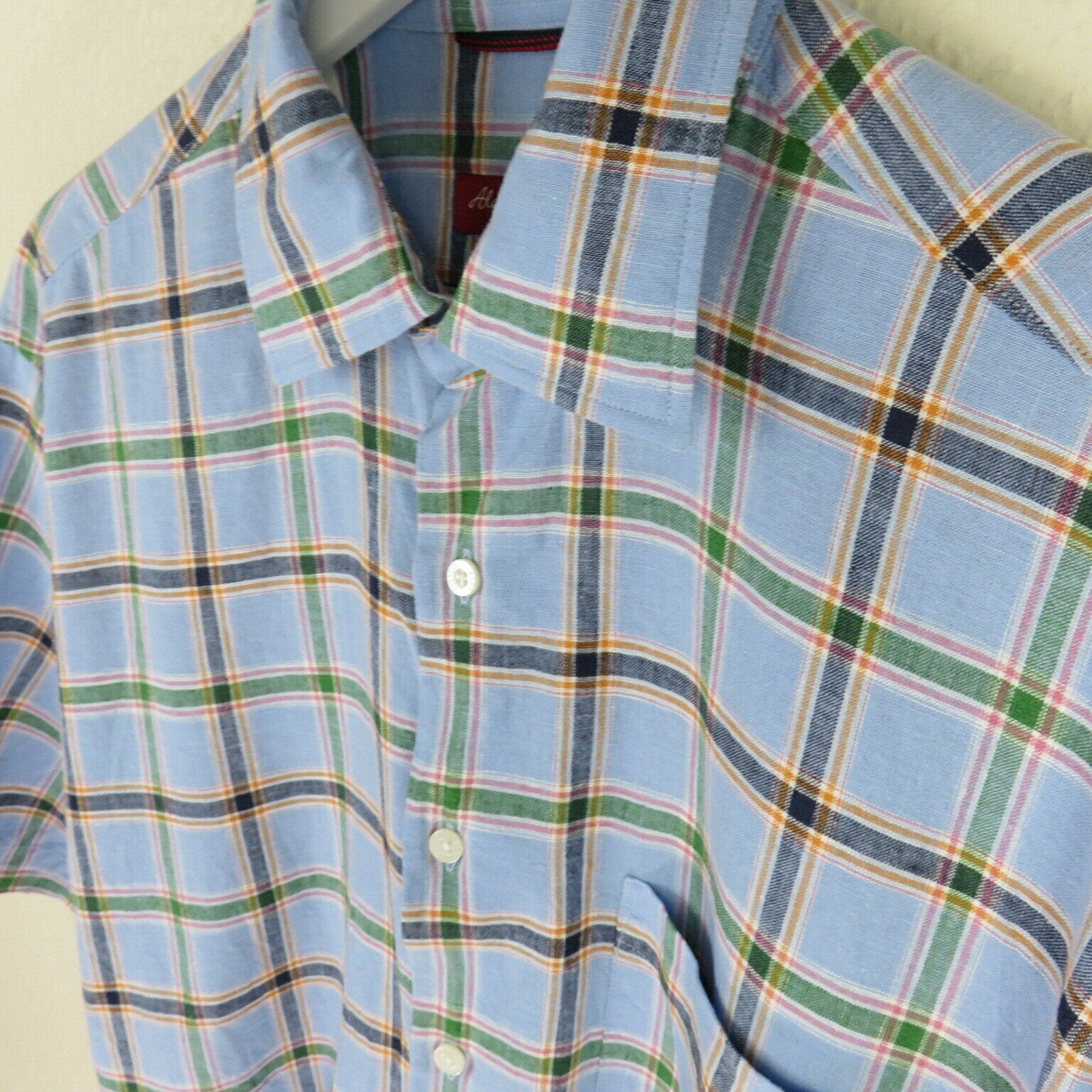 Alan Flusser Blue Plaid Linen Blend Short Sleeve Shirt - Men's M