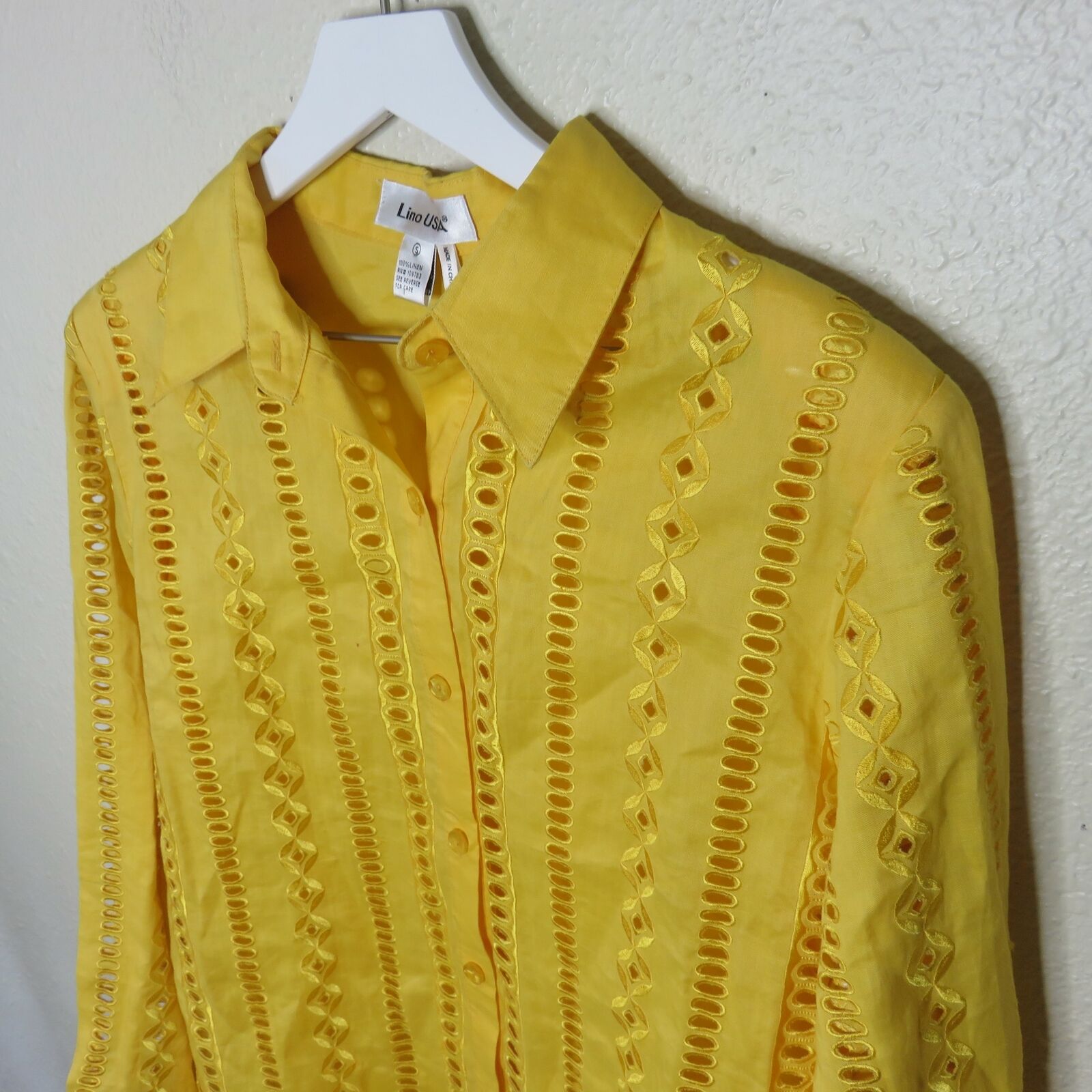Yellow Linen Eyelet Button Up Granny Shirt - Women's Small