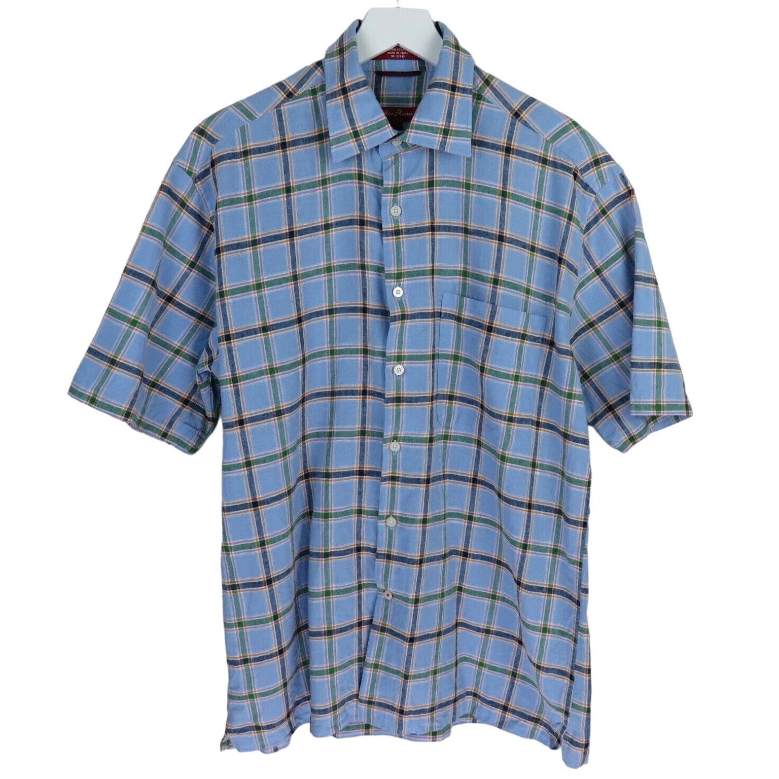 Alan Flusser Blue Plaid Linen Blend Short Sleeve Shirt - Men's M