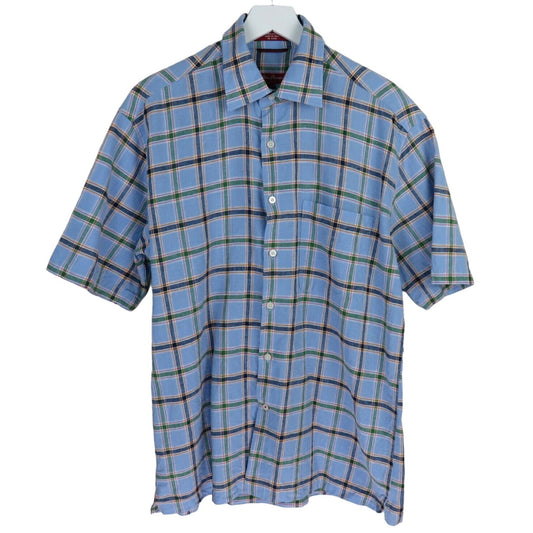 Alan Flusser Blue Plaid Linen Blend Short Sleeve Shirt - Men's M