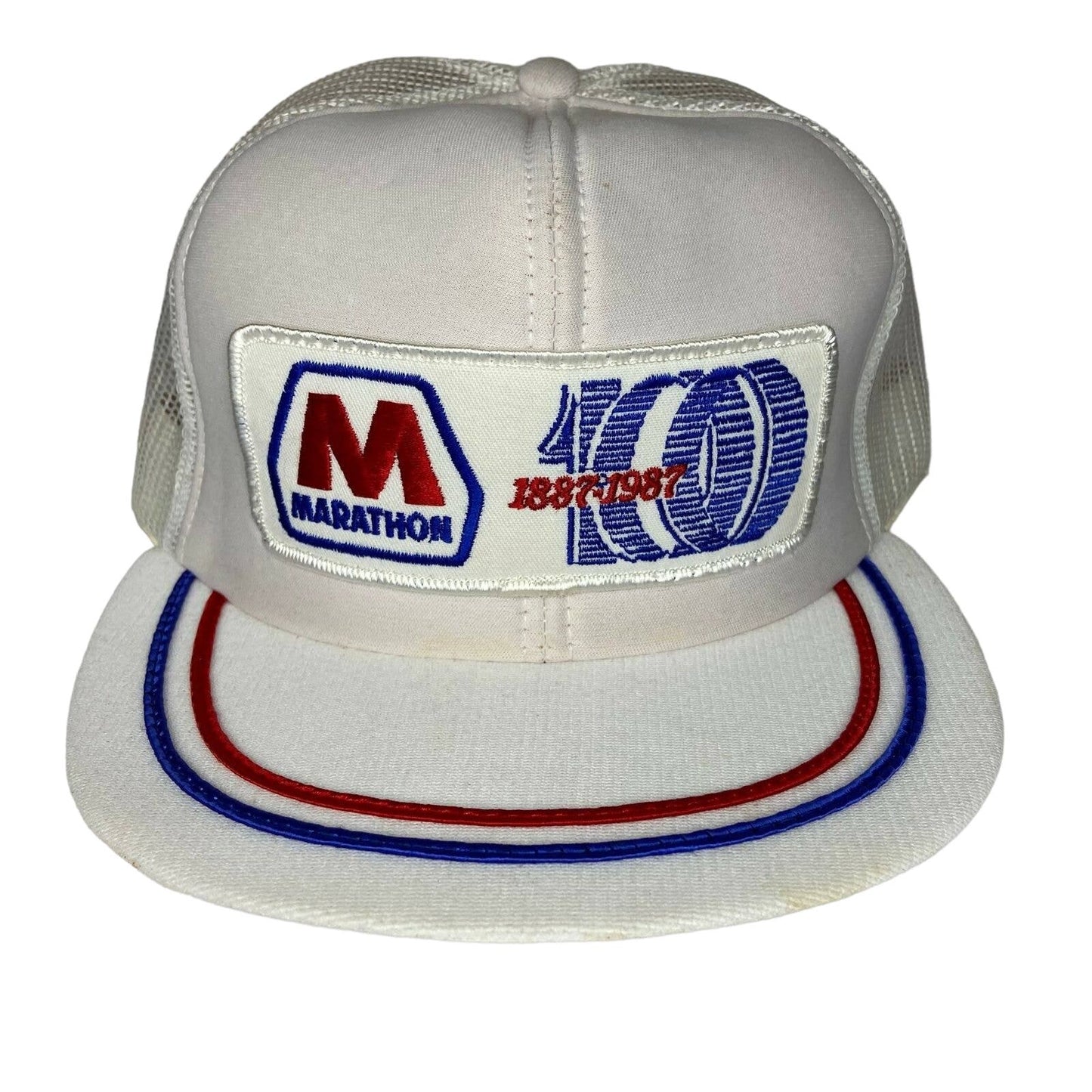 Vintage 1987 Marathon Gas Embroidered Patch Mesh Trucker Hat Made in USA