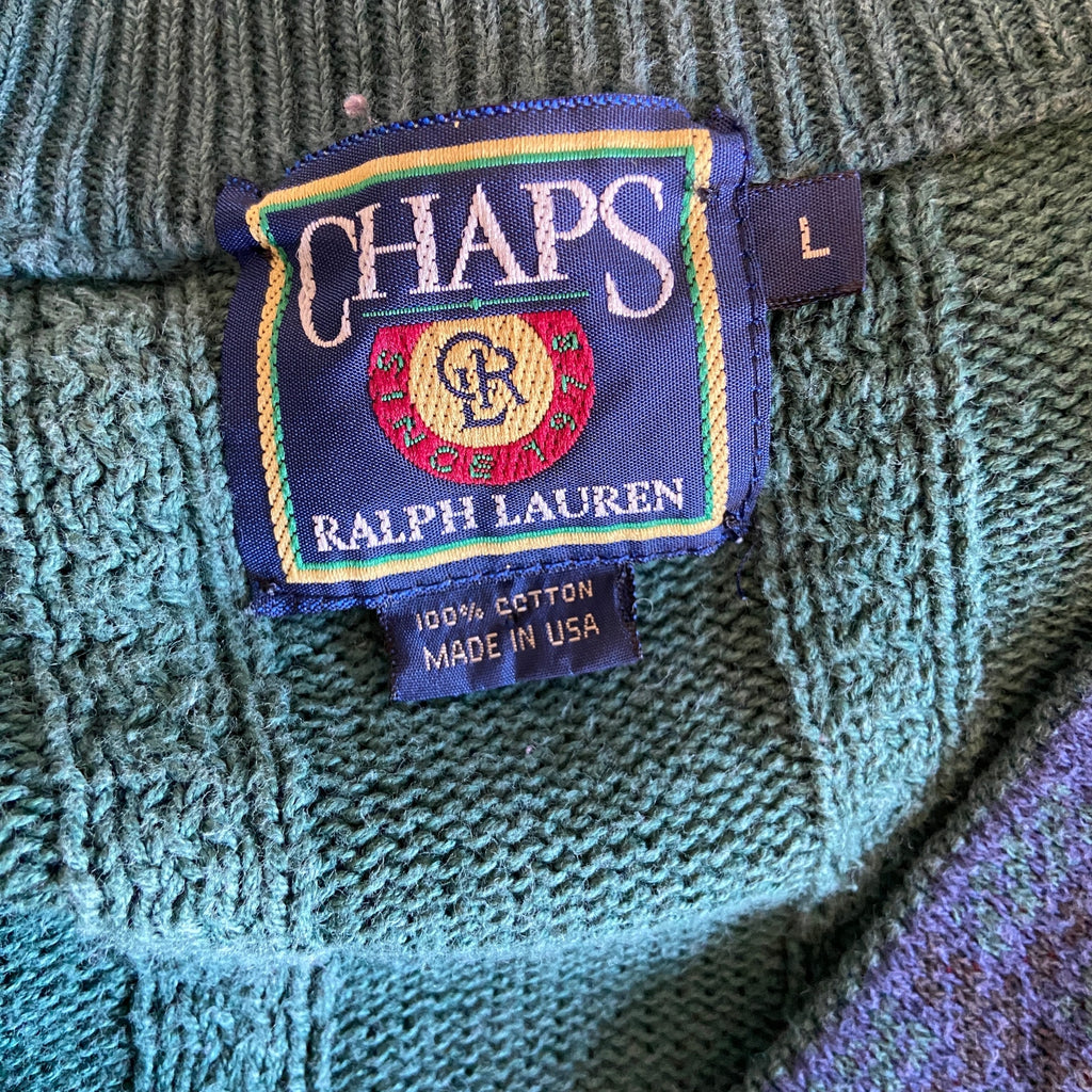 American Vintage Chaps Ralph Lauren Preppy Green V Neck Sweater - Men's L