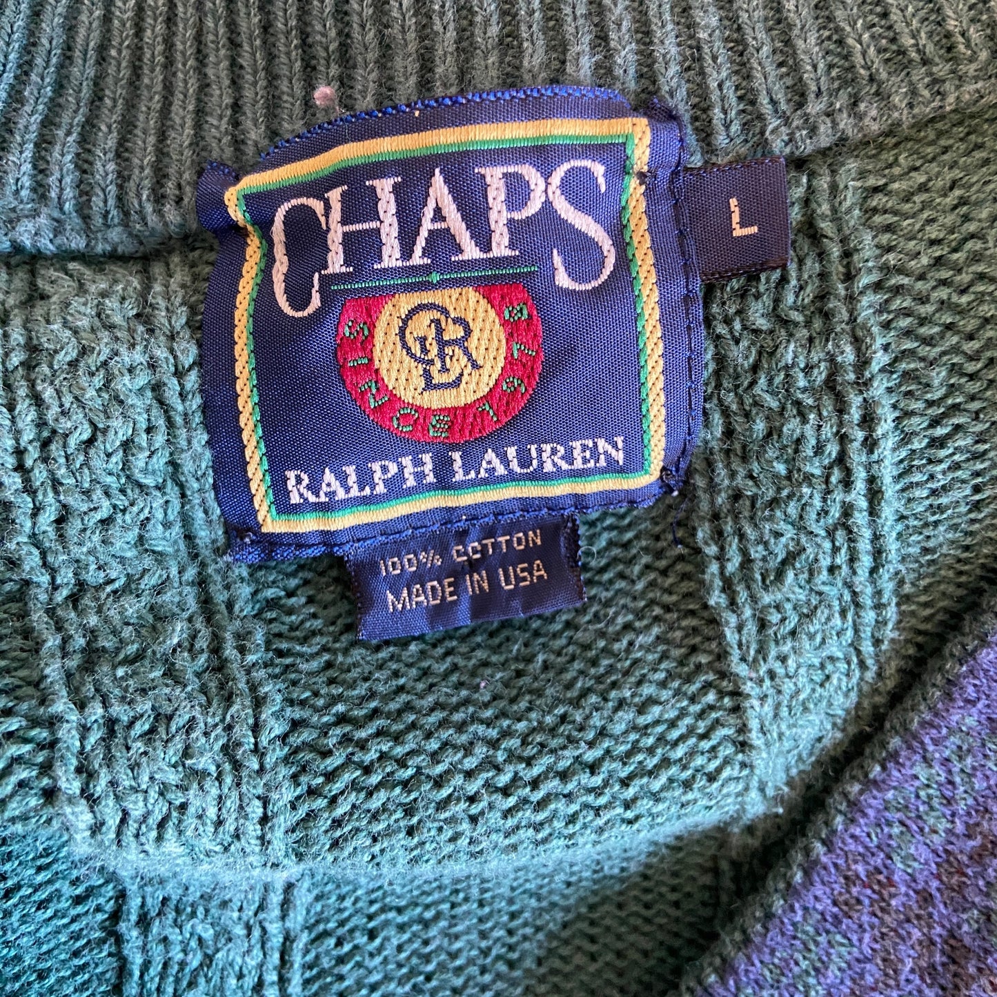 American Vintage Chaps Ralph Lauren Preppy Green V Neck Sweater - Men's L