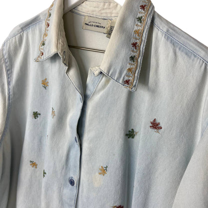 Vintage Denim Embroidered Fall Leaves Denim Button Up Shirt - Women's Size 20W