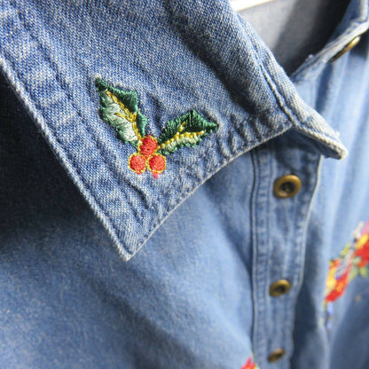 Holiday Christmas Poinsettia Garland Ornaments Denim Shirt - Women's 14W/16W