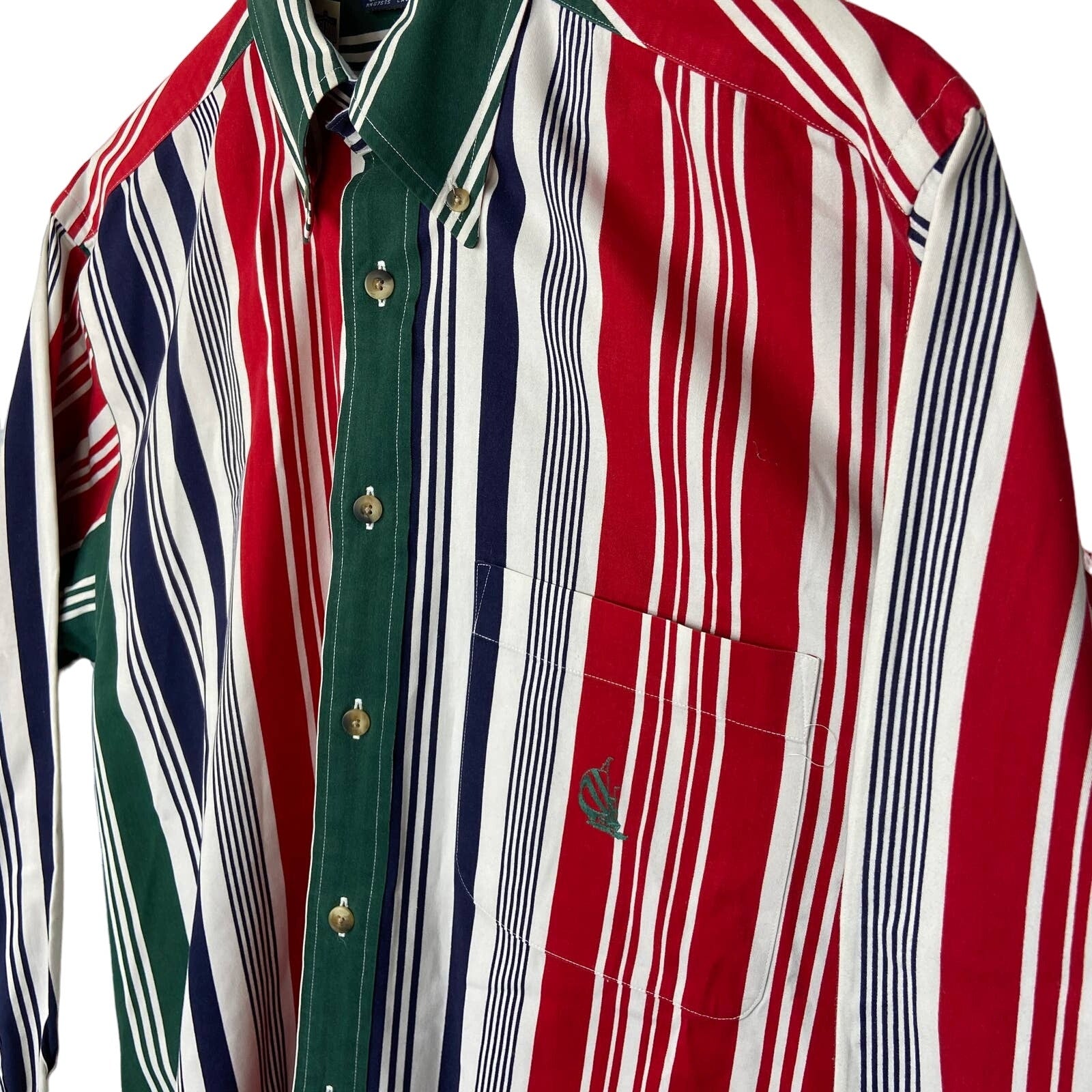 Vintage Nautica Red Green Blue Vertical Stripe Long Sleeve Shirt - Men's M