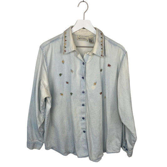 Vintage Denim Embroidered Fall Leaves Denim Button Up Shirt - Women's Size 20W
