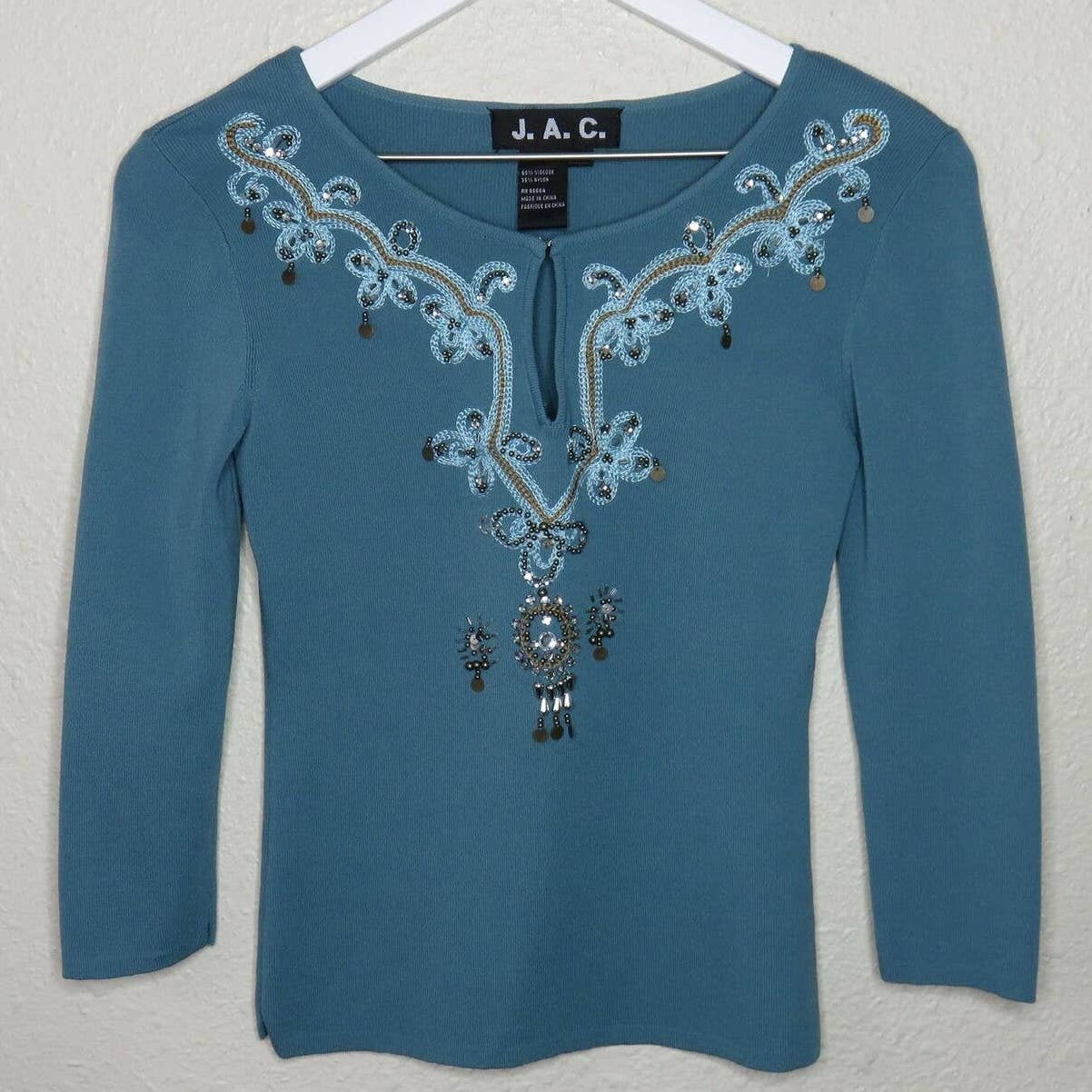 Y2K Stretchy Embroidered Beaded 3/4 Sleeve Shirt - Women's M