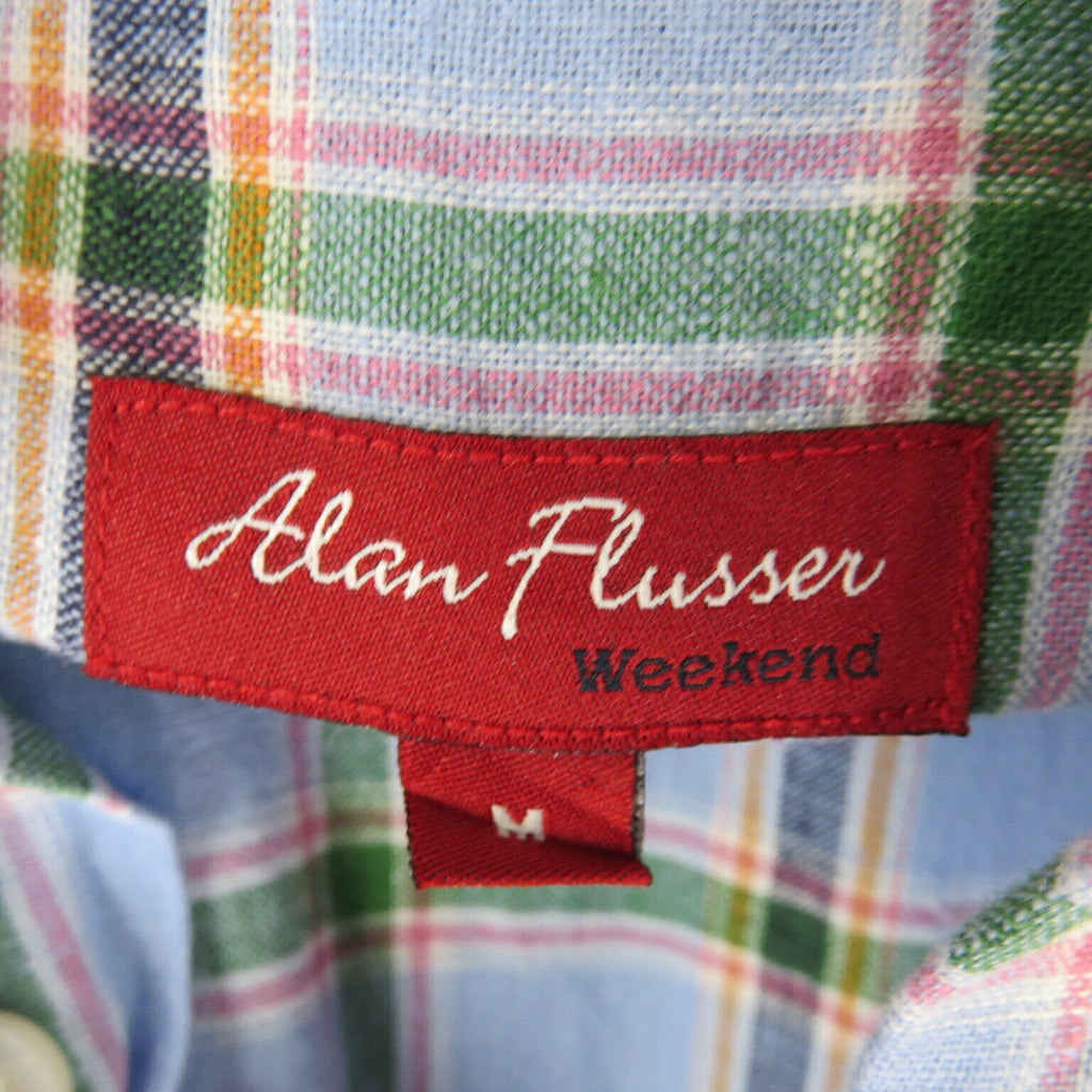 Alan Flusser Blue Plaid Linen Blend Short Sleeve Shirt - Men's M
