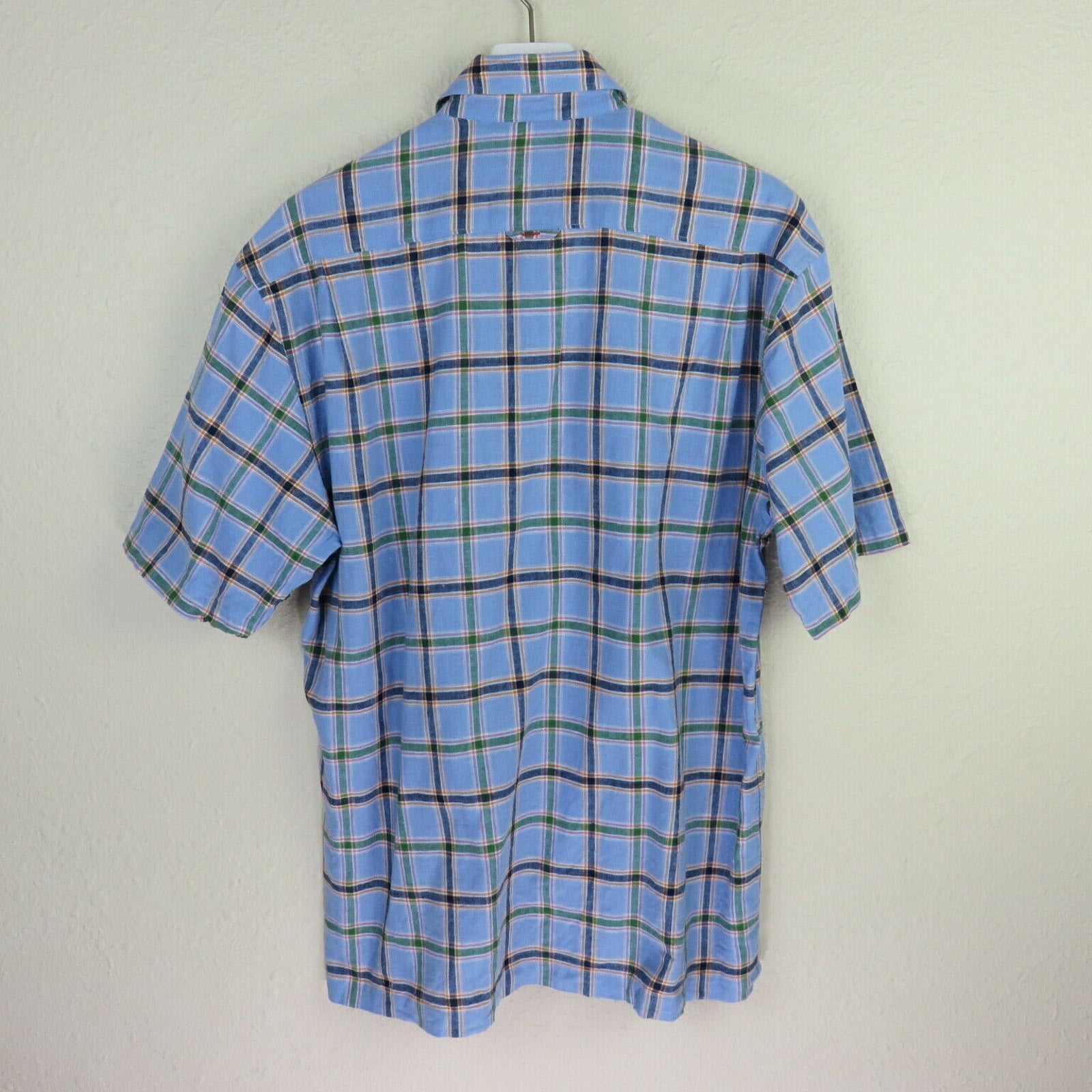 Alan Flusser Blue Plaid Linen Blend Short Sleeve Shirt - Men's M