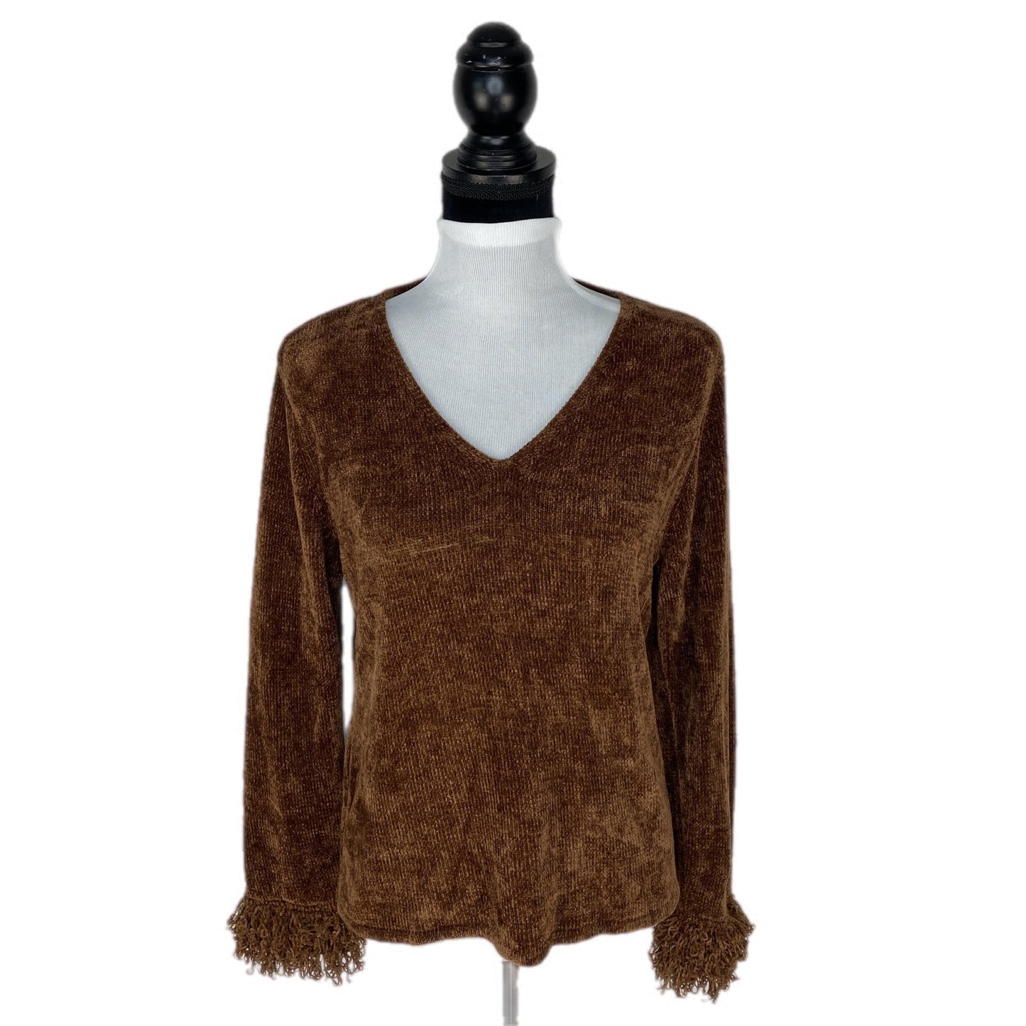 Y2K Chenille V Neck Fringy Cuff Sweater - Women's Size M