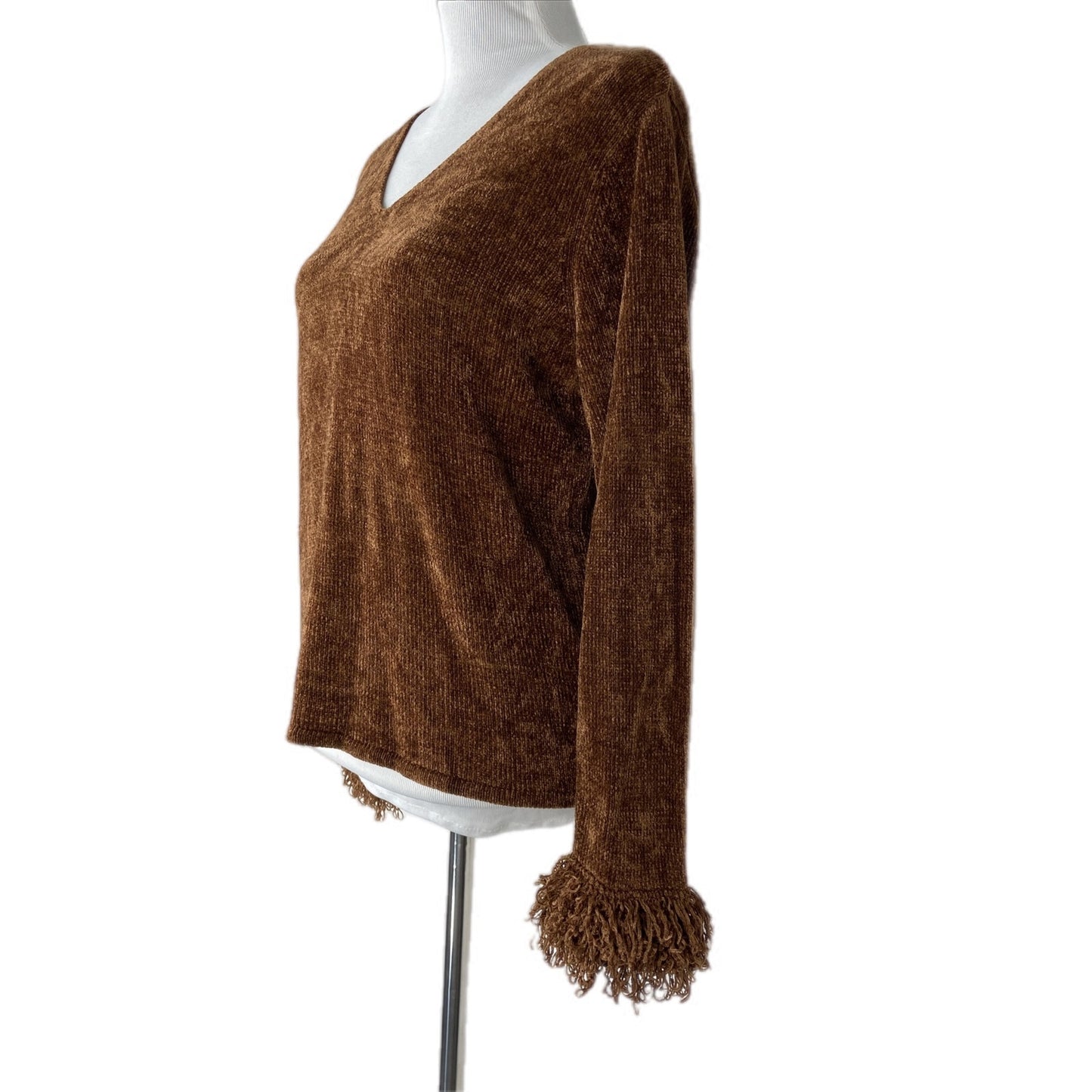 Y2K Chenille V Neck Fringy Cuff Sweater - Women's Size M