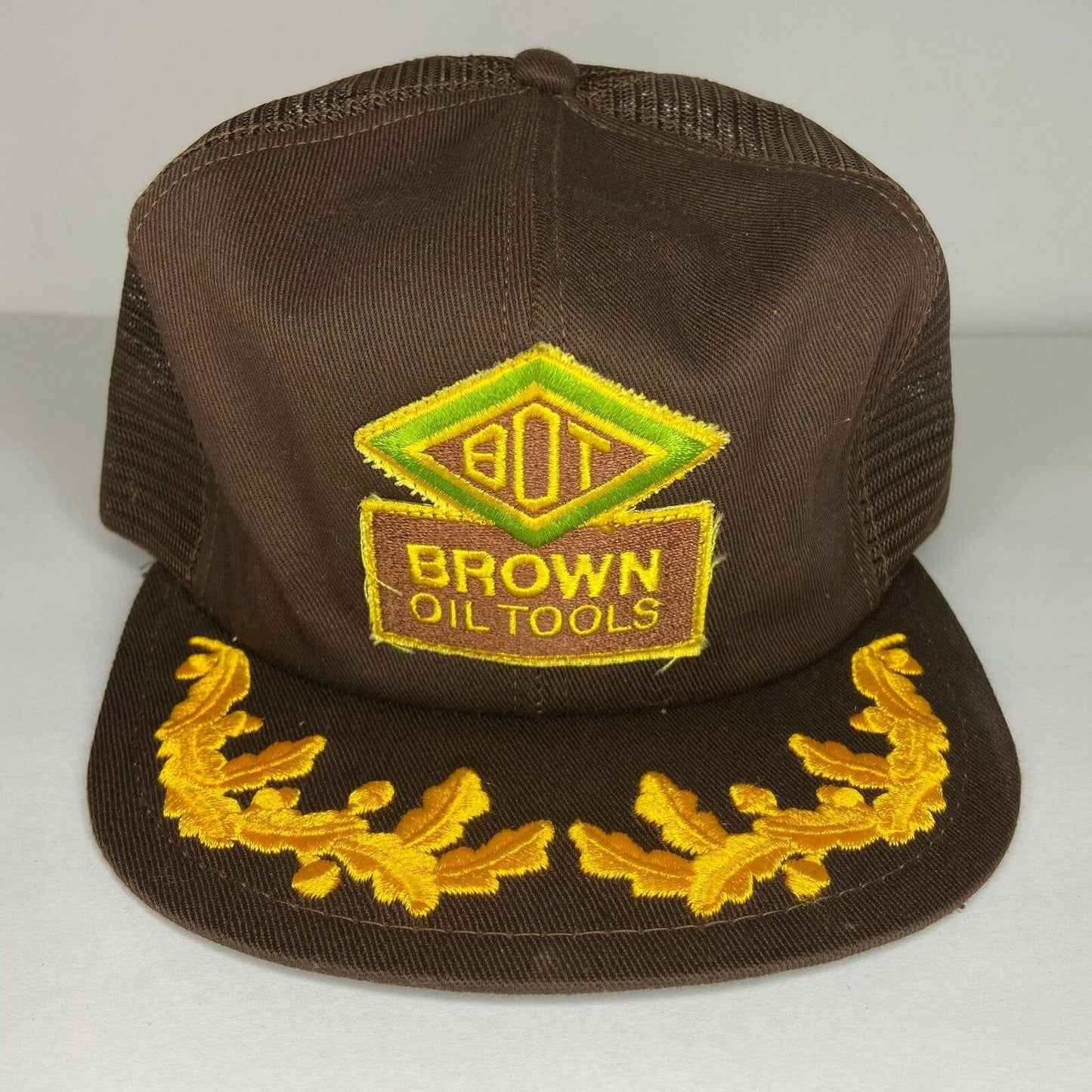 Vintage K Products Brown Oil Tools Patch Gold Leaf Mesh Snapback Trucker Hat