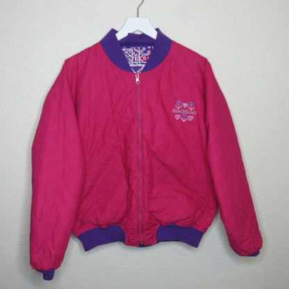 Y2K Cute Pink Purple Floral Hearts Reversible Bomber Jacket - Women's L