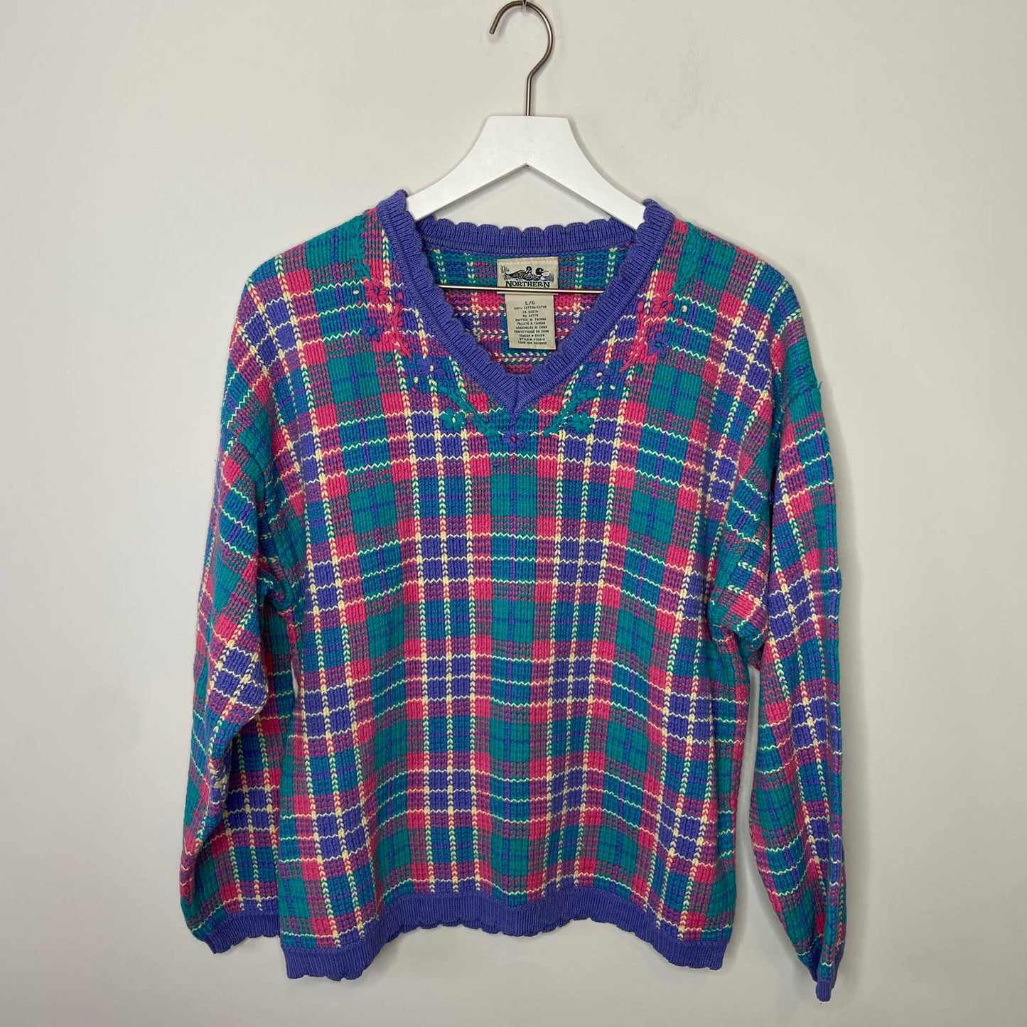 Vintage Northern Reflections Bright Plaid V Neck Sweater - Women's Size L