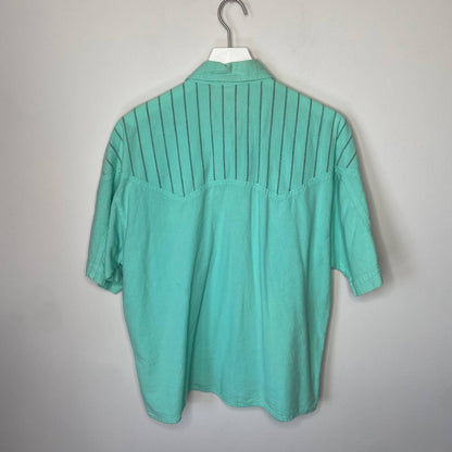 Vintage Oversized Mint Green Cotton Button Up Short Sleeve Shirt - Men's Large