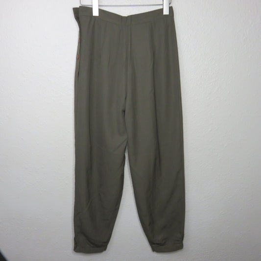 Vintage Army Green Side Button Pleated Pants Gathered Hem - Women's Size 11