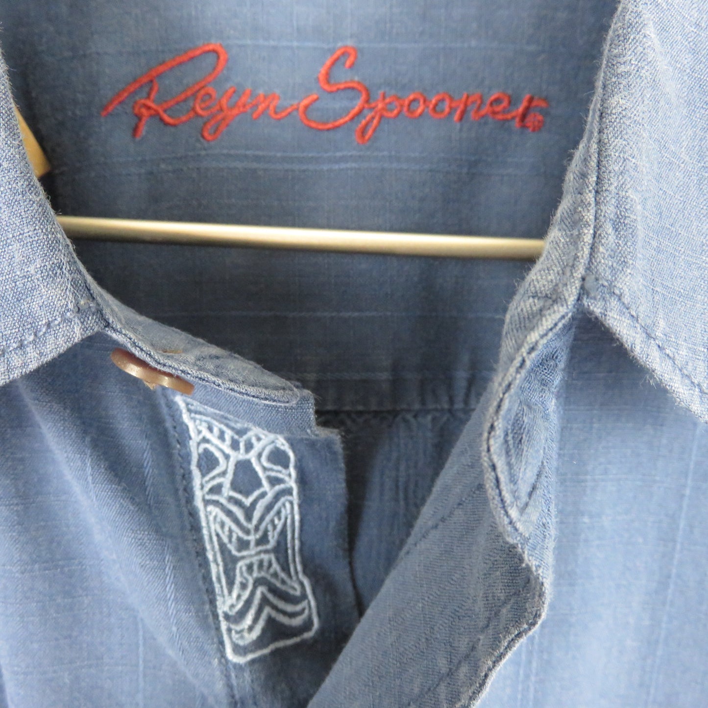 Reyn Spooner Blue Tiki Embroidered Hawaiian Shirt - Men's L