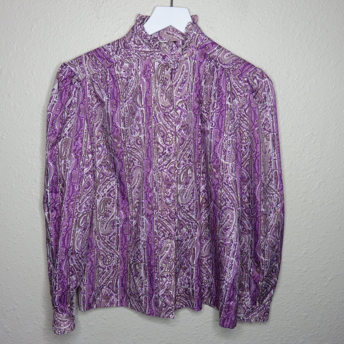 Vintage High Ruffle Neckline Purple Paisley Button Up Shirt - Women's M/L