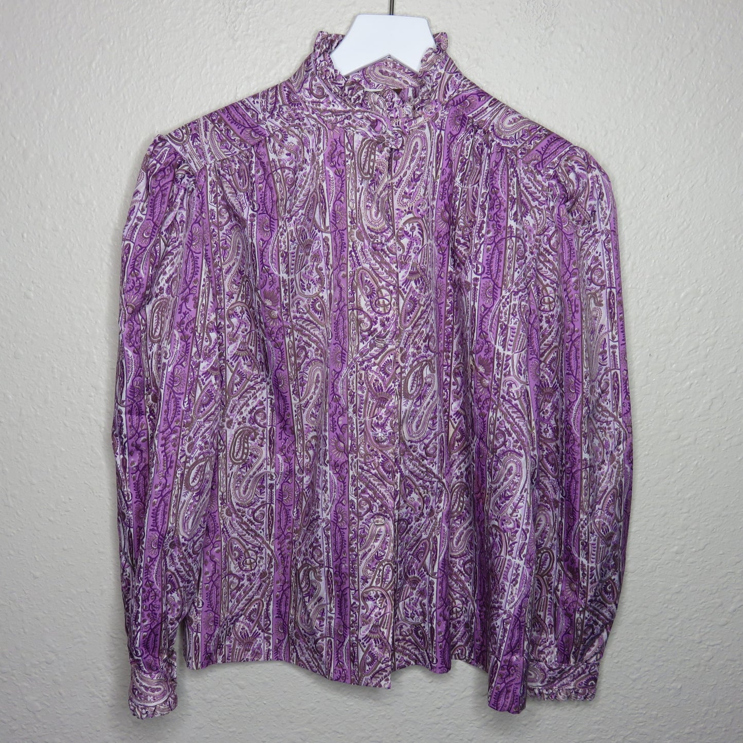 Vintage High Ruffle Neckline Purple Paisley Button Up Shirt - Women's M/L