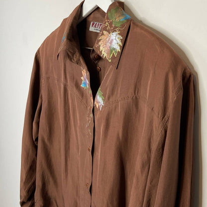 Vintage Silk Hand Decorated Leaves Western Shirt - Women's Size M