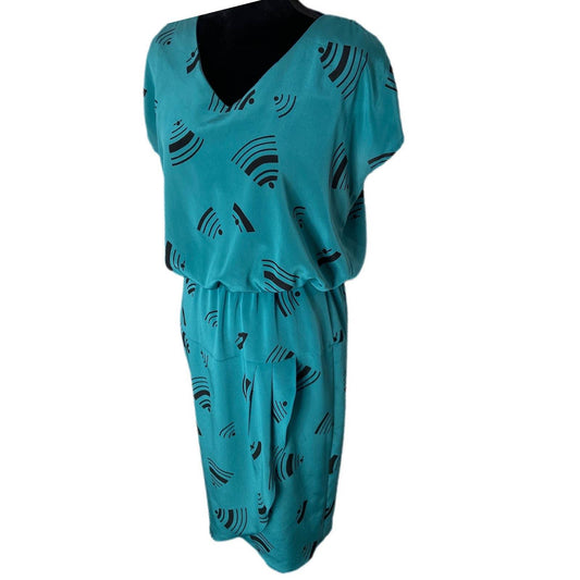 Vintage Teal Geo Pattern Union Made in USA Stretch Waist Dress - Women's Size Small